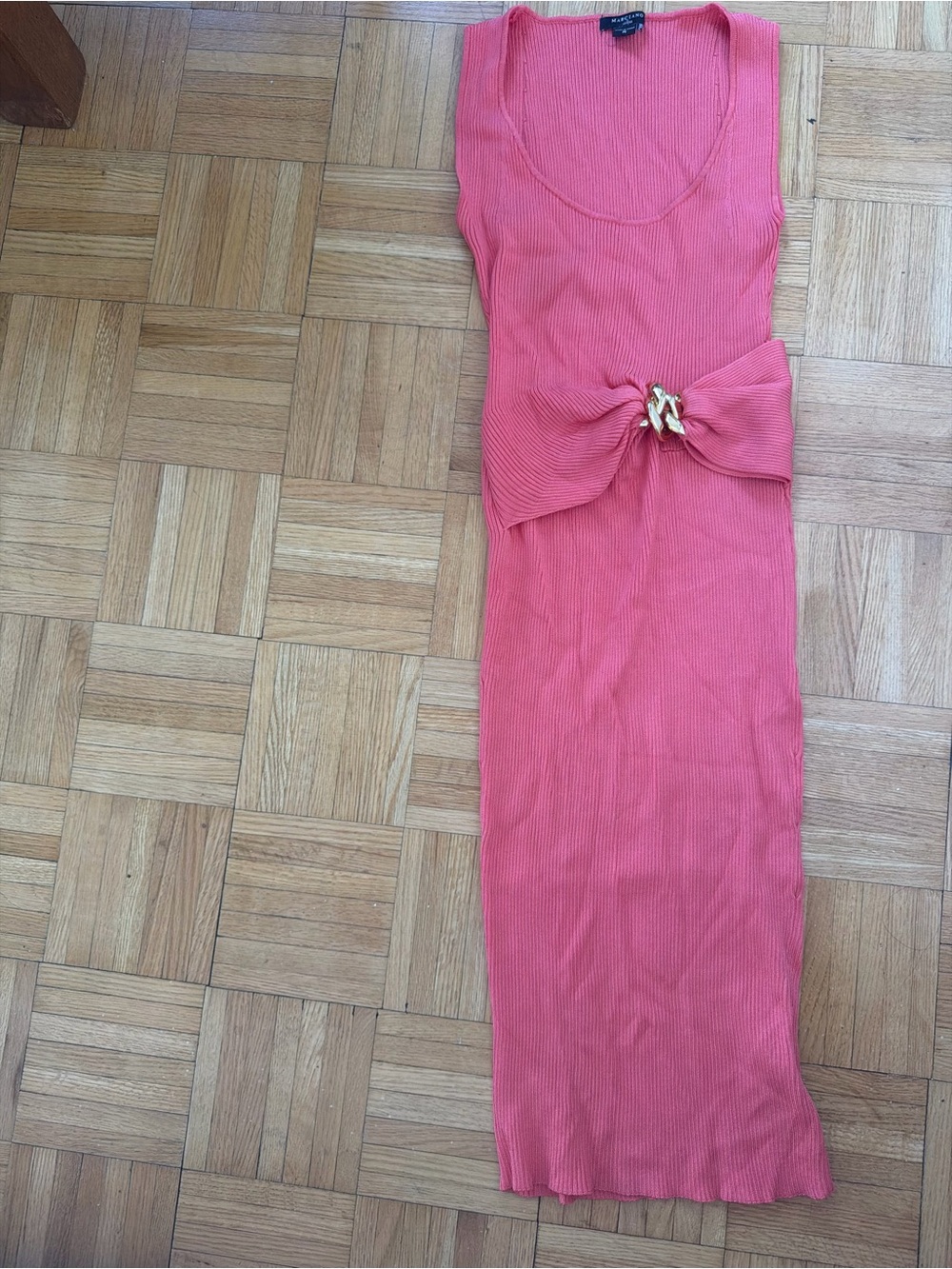 Sleeveless Ribbed Knit Midi Dress with Bow Accent - Coral Pink- Marciano guess